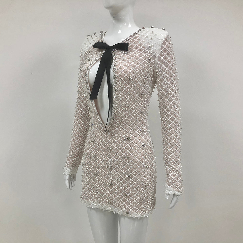 Flowering Girl Women pearl embellished cut out mini dress in beige
