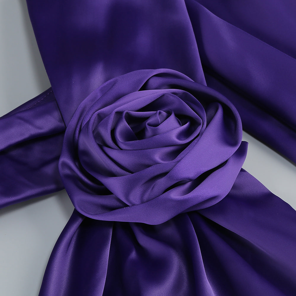 Flowering Girl Women satin wrap halter gown with flower in purple