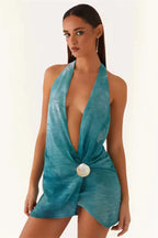 Flowering Girl Women Teal Beach Halter Neck Mini Dress