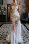 Rita Ivory Sheer Lace Corset Maxi Dress With Draped Neckline