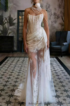 rita ivory sheer lace corset maxi dress with draped neckline