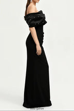 rosemary Black Pearl Embellished Draped strapless maxi dress
