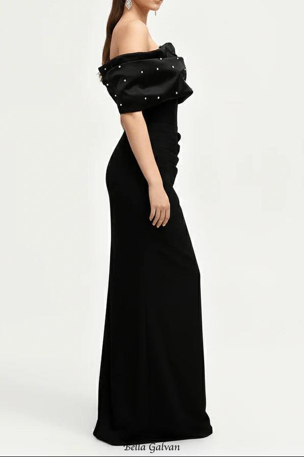 rosemary Black Pearl Embellished Draped strapless maxi dress