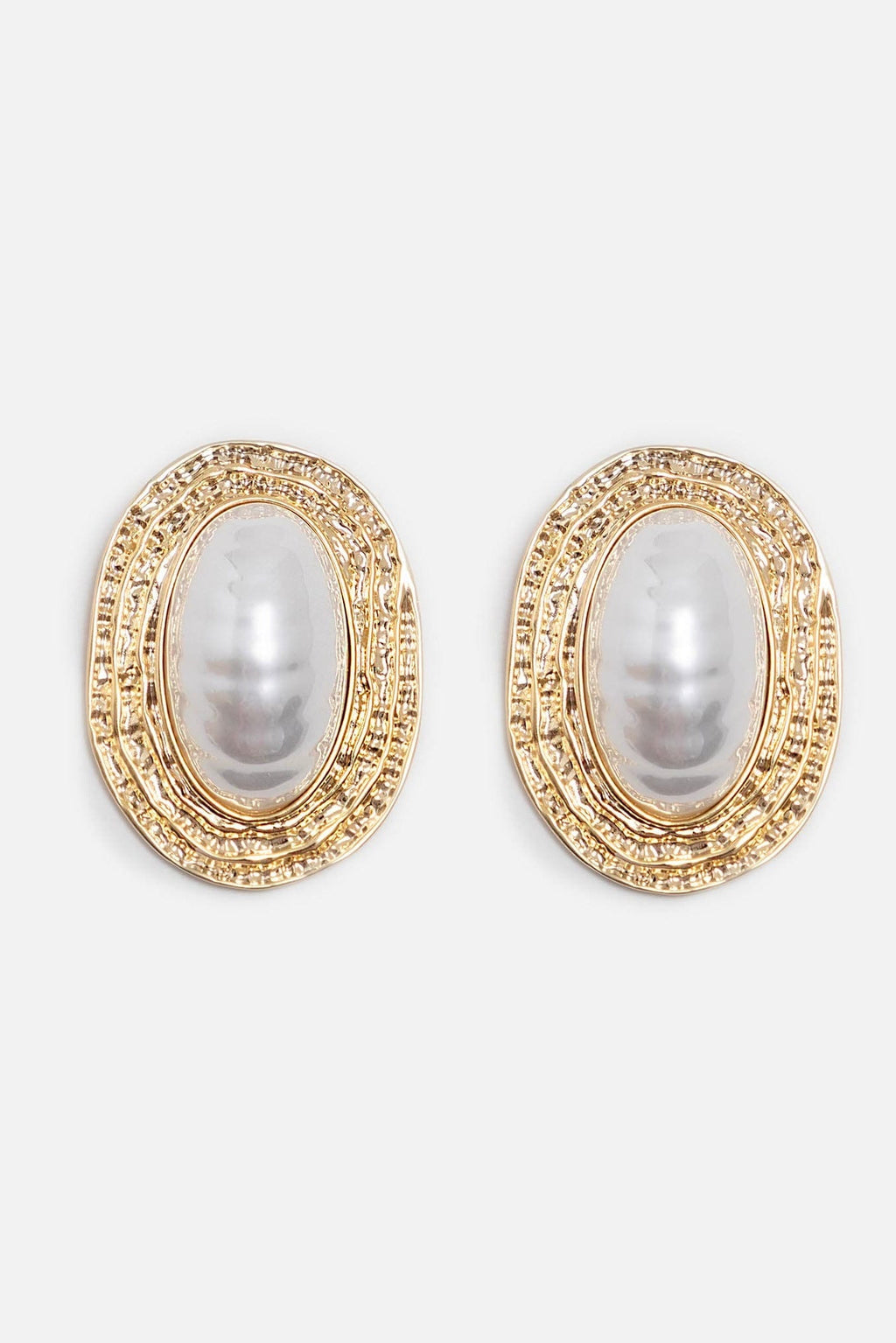Flowering Girl Women Vintage Textured Gold Oval Baroque Pearl Stud Earrings
