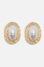 Flowering Girl Women Vintage Textured Gold Oval Baroque Pearl Stud Earrings