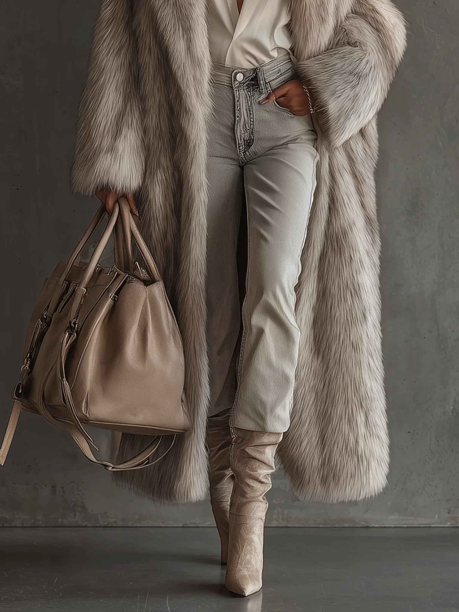 Flowering Girl Women Gray Gradient Faux Fox Fur Eco Friendly Coat