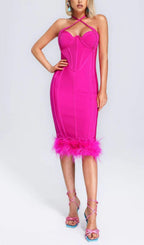 Flowering Girl Women ROSE RED OSTRICH FEATHER HALTER NECK BACKLESS TIGHT DRESS