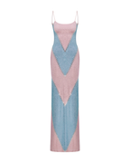 simona fully rhinestoned bodycon maxi dress - blue & pink