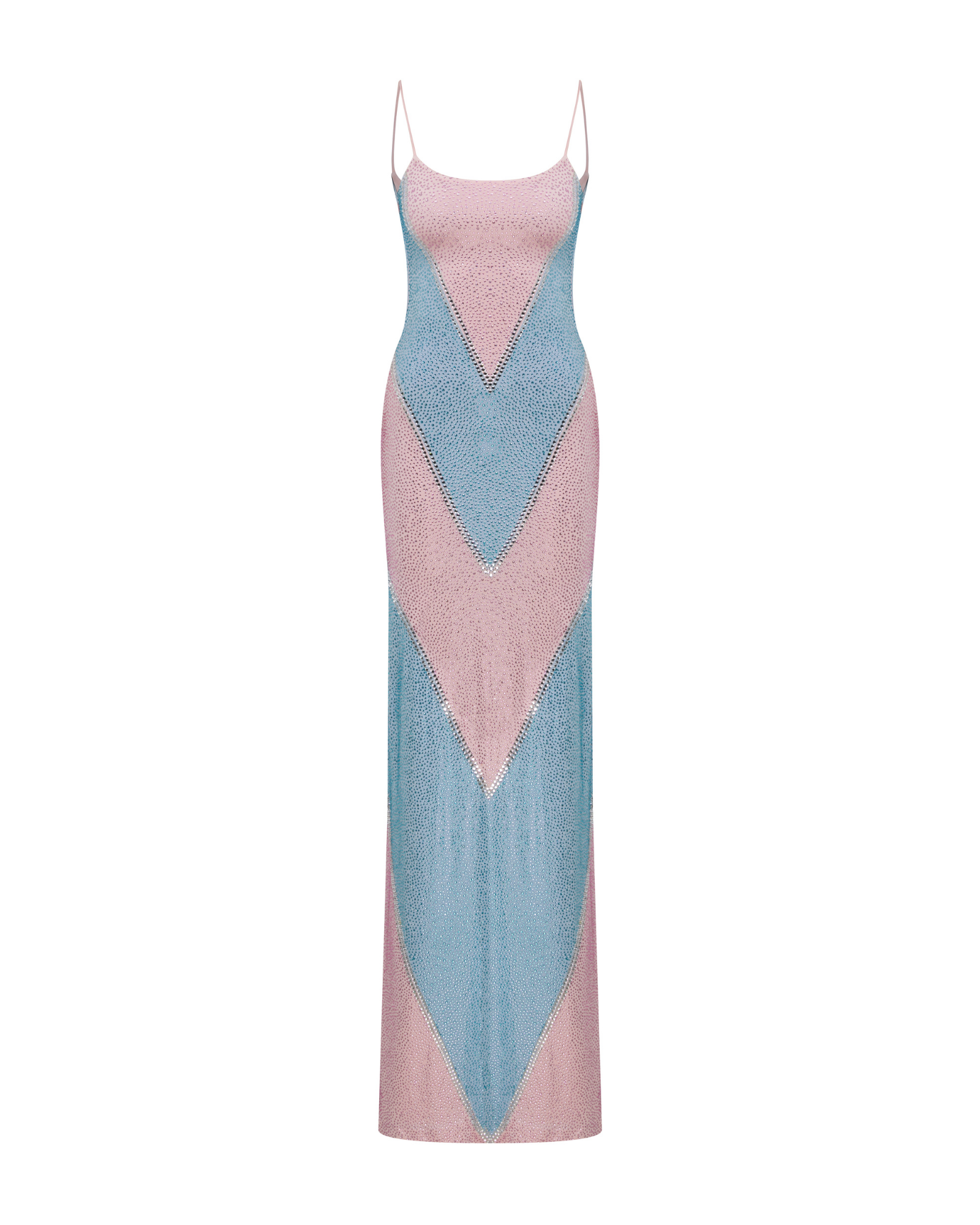 simona fully rhinestoned bodycon maxi dress - blue & pink