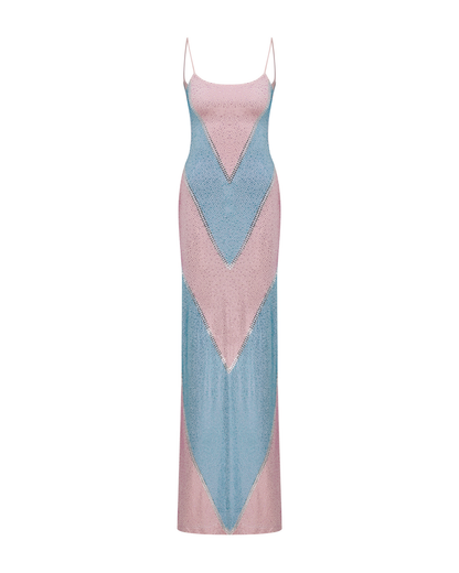 simona fully rhinestoned bodycon maxi dress - blue & pink
