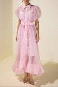 Flowering Girl Women sylvia Rhinestone Puff Sleeve Maxi Dress With Belt - pink