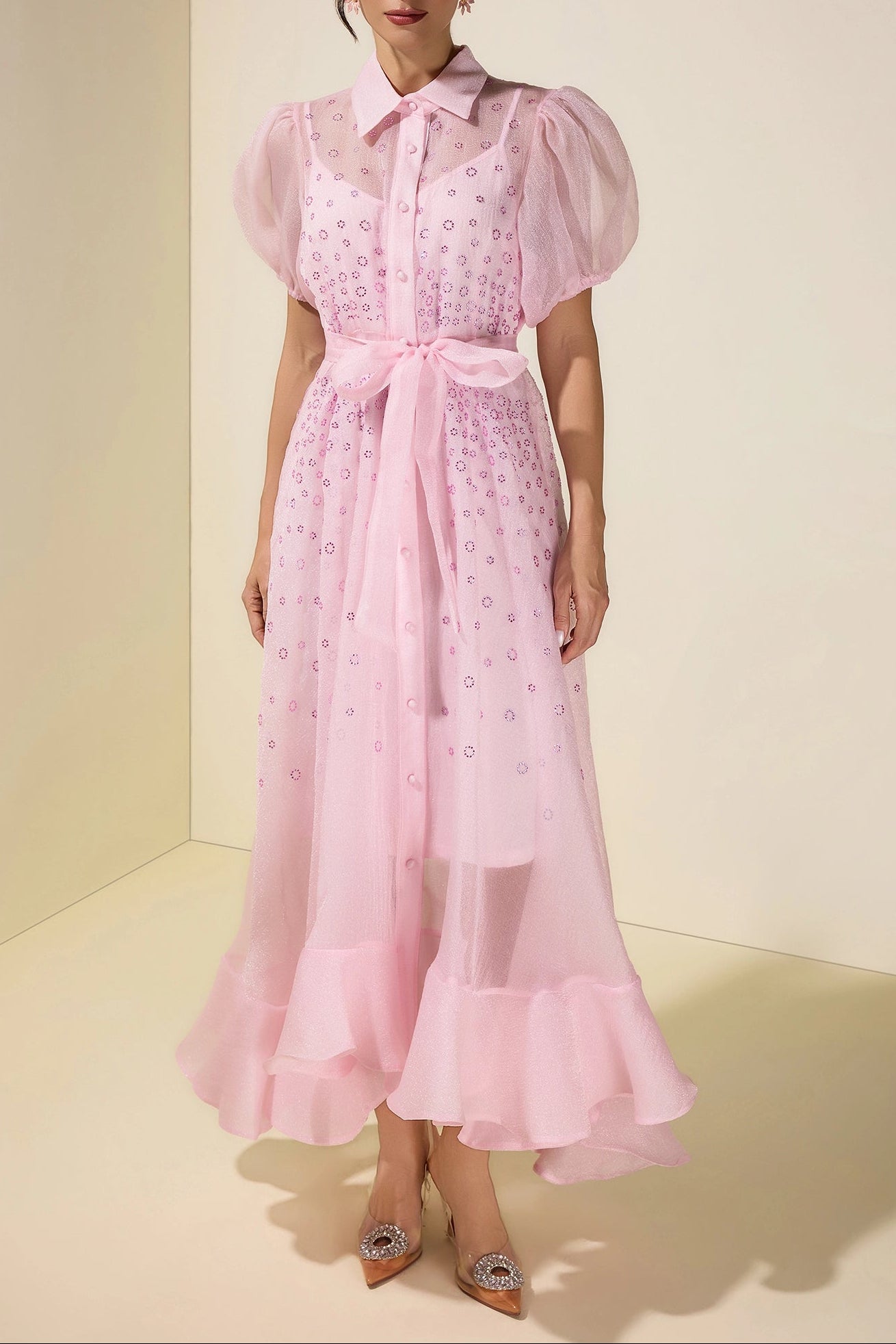 Flowering Girl Women sylvia Rhinestone Puff Sleeve Maxi Dress With Belt - pink