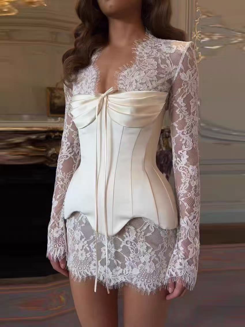 Flowering Girl Women Ivory Lace & Satin Corset Mini Dress