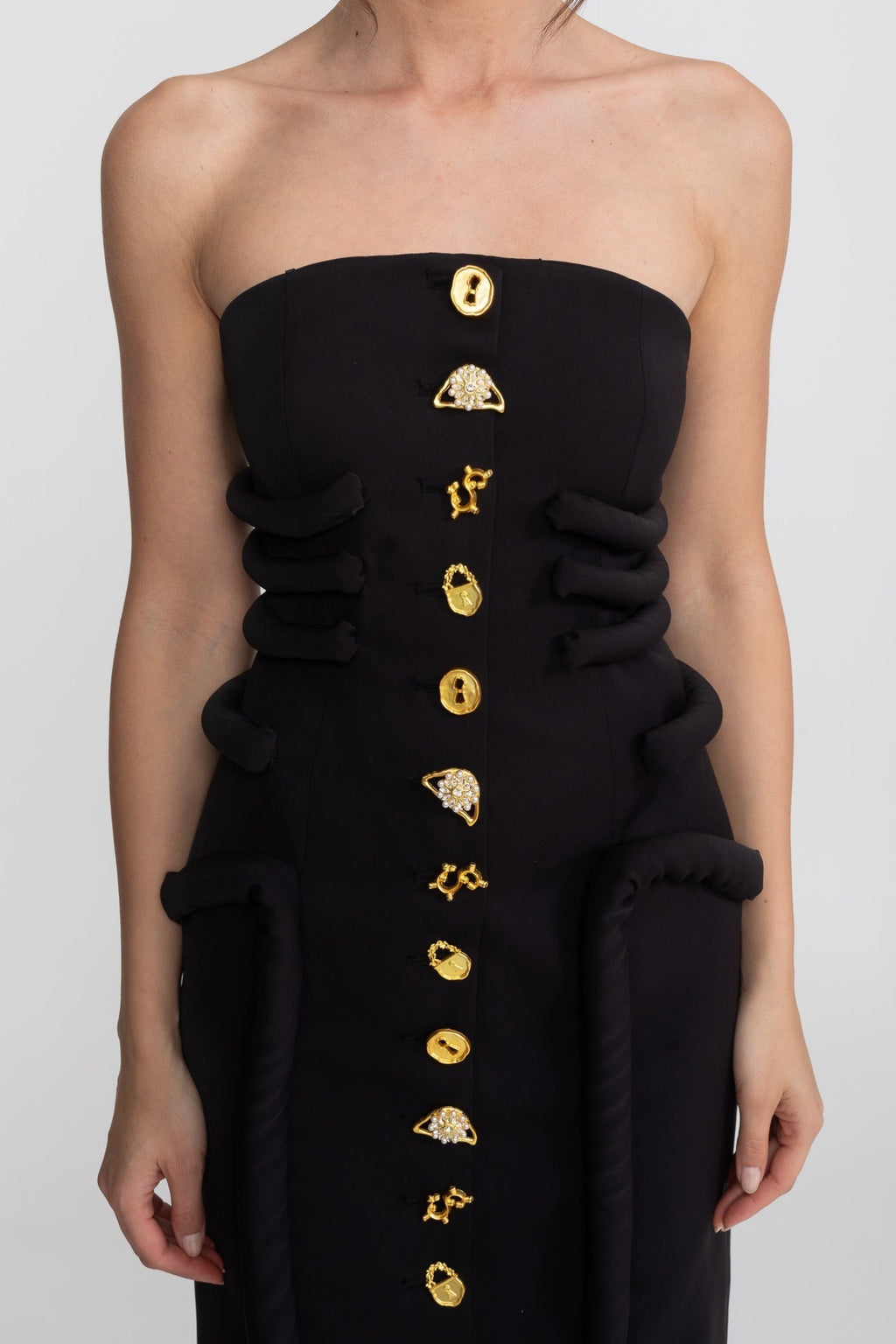Flowering Girl Women Black Midi Dress With Sculptural Knotted Bodice Detail And Jewel Buttons - Black