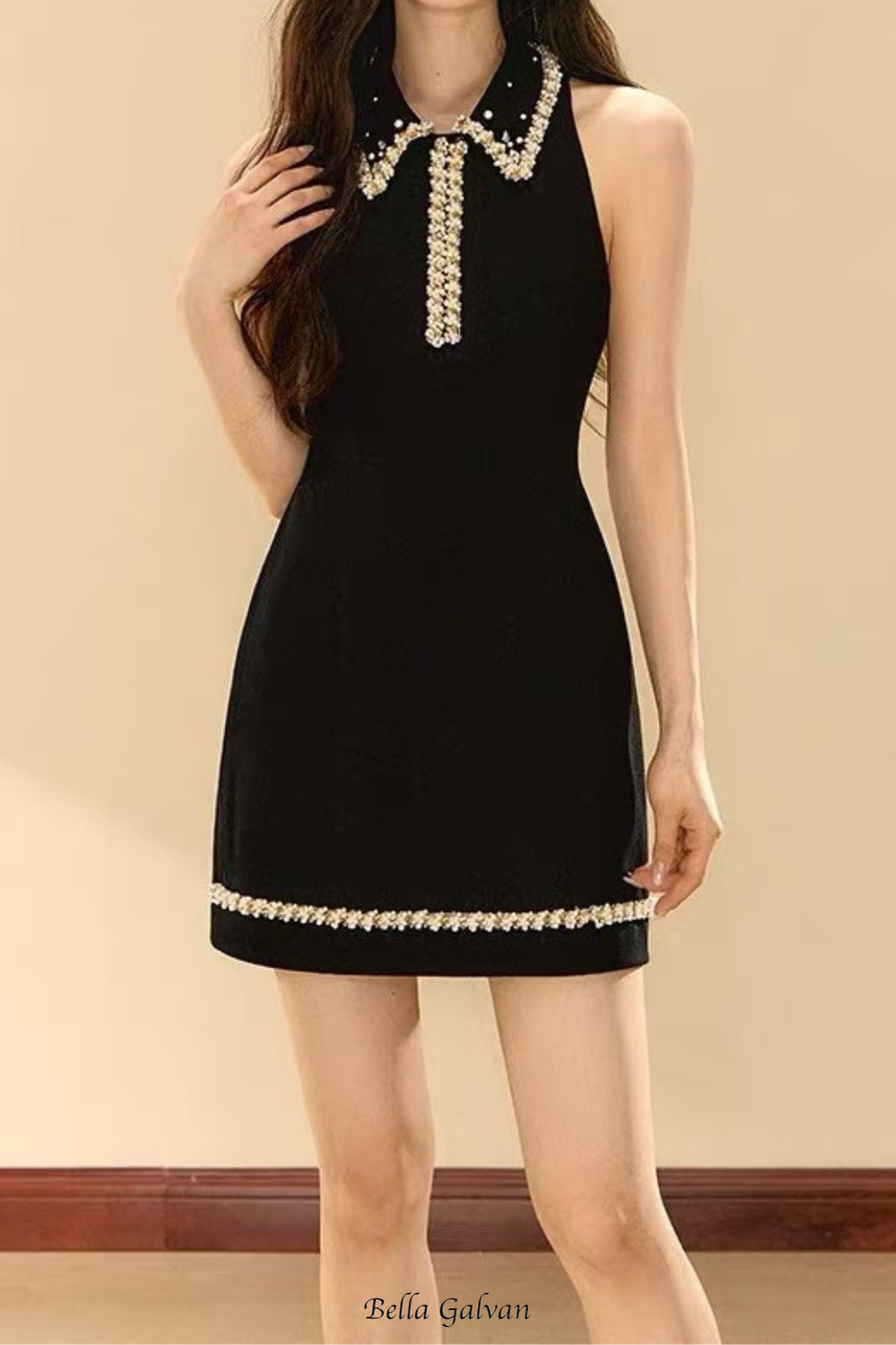 Flowering Girl Women pearl embellished gold chain splice mini dress in black
