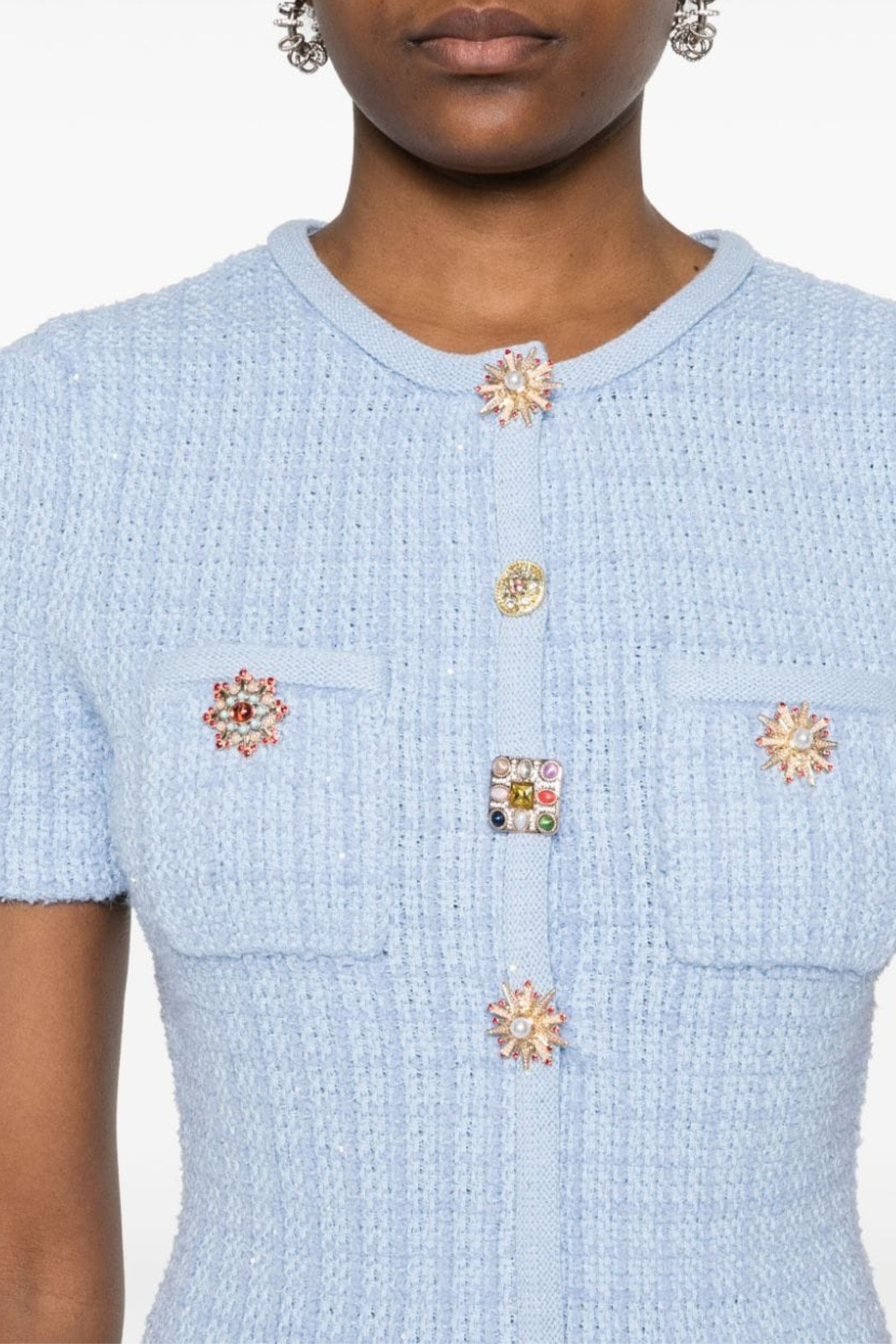 Flowering Girl Women Modesty Beaded Button Knit Mini Dress In Blue