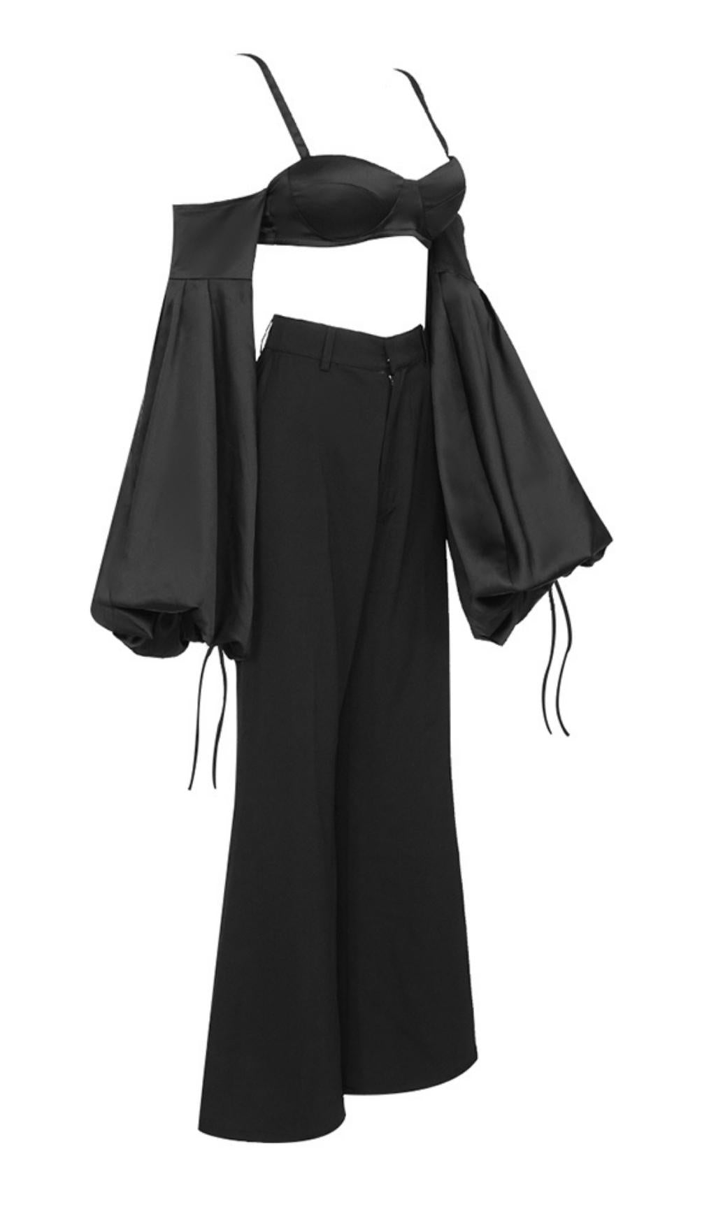Flowering Girl Women Bubble Sleeve Two Piece Suit In Black