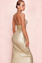 Flowering Girl Women GOLD SLIT BACKLESS SLIP MAXI DRESS