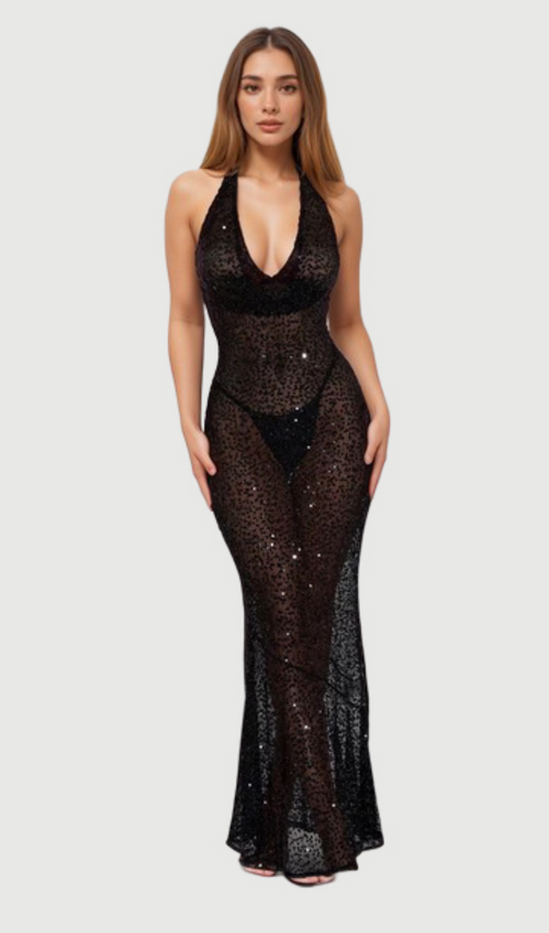 Flowering Girl Women BARBARA HALTER SEQUIN MAXI DRESS IN BLACK