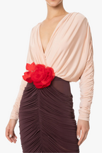 Flowering Girl Women Long Sleeve Two-Tone pleated Midi Dress in Brown