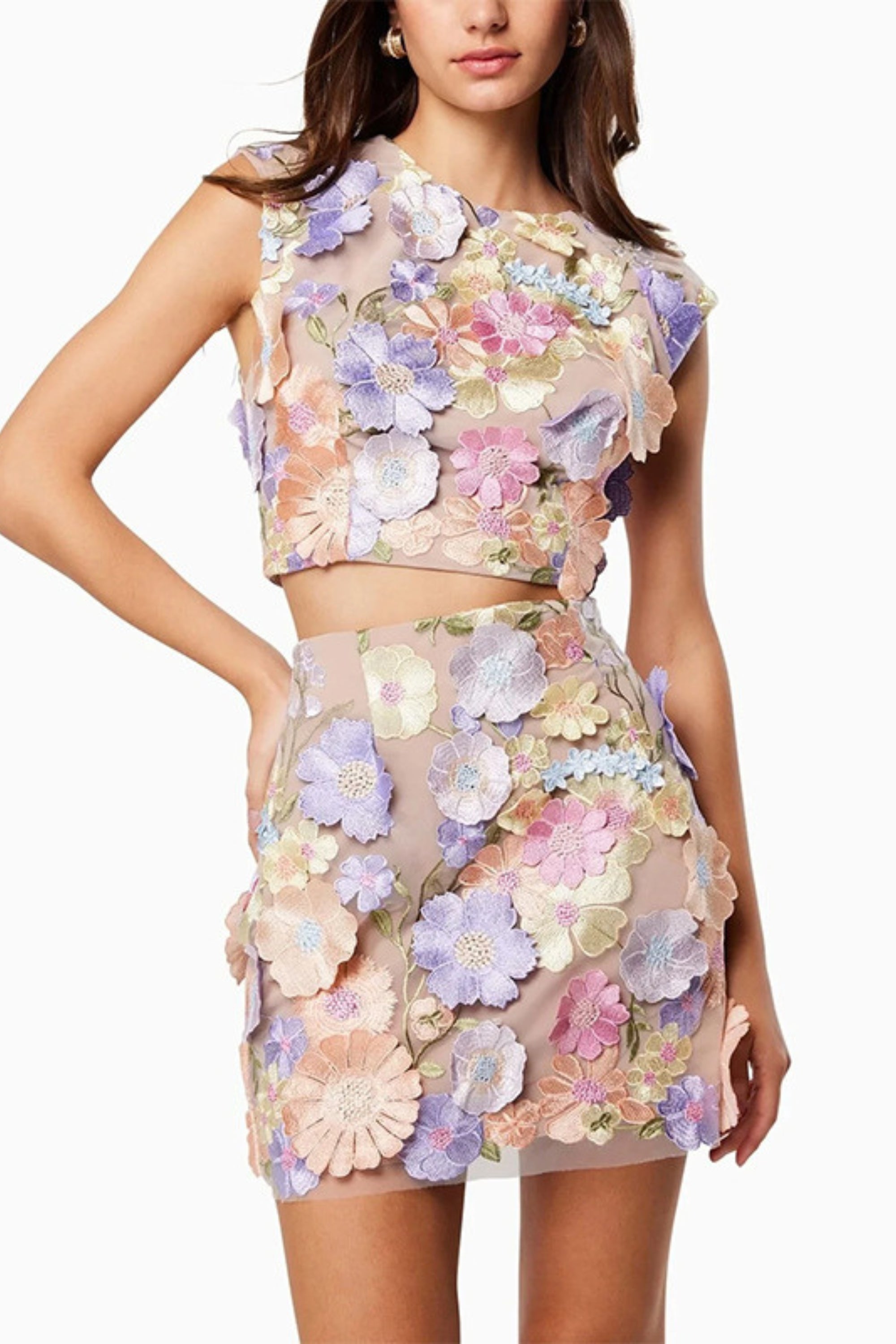 Flowering Girl Women Floral Crop Top Skirt Set In 3D Lace