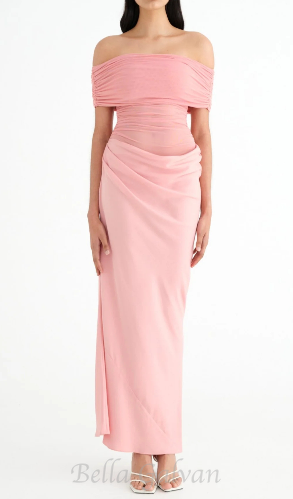 Flowering Girl Women Reanko Off Shoulder Ruched Mesh Maxi Dress in Pink