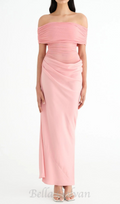 Flowering Girl Women Reanko Off Shoulder Ruched Mesh Maxi Dress in Pink