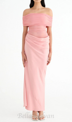 Flowering Girl Women Reanko Off Shoulder Ruched Mesh Maxi Dress in Pink