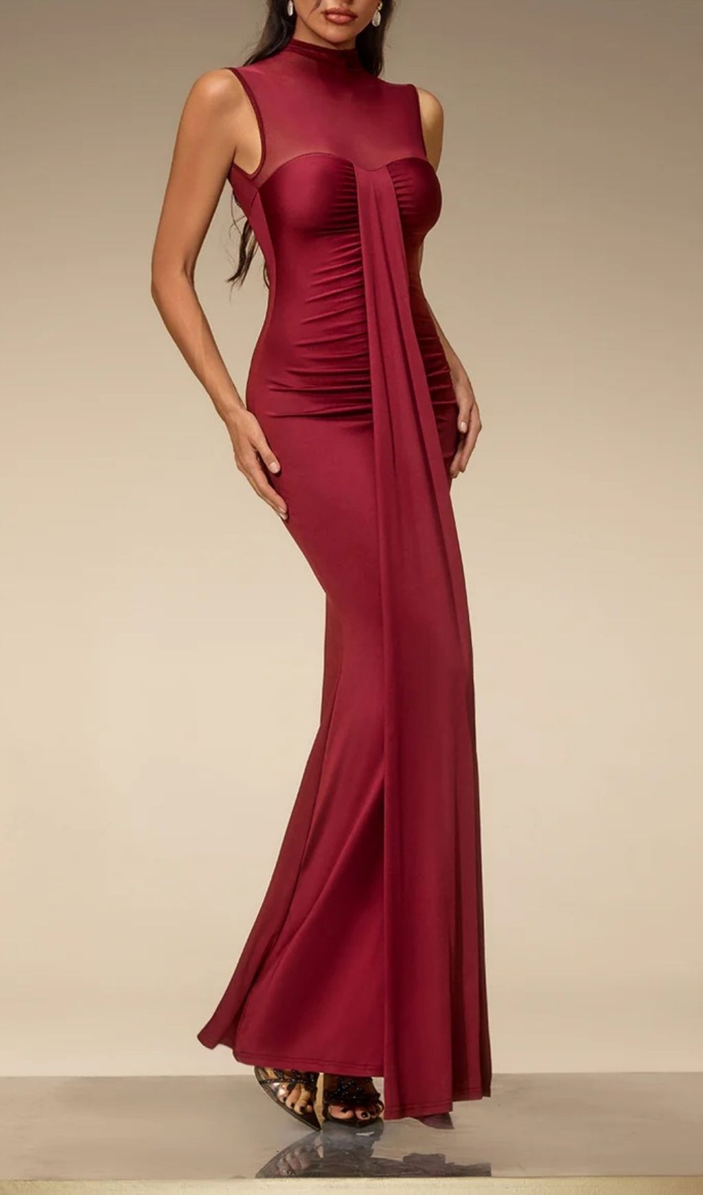 Eusebia Sleeveless Mesh Draped Maxi Dress