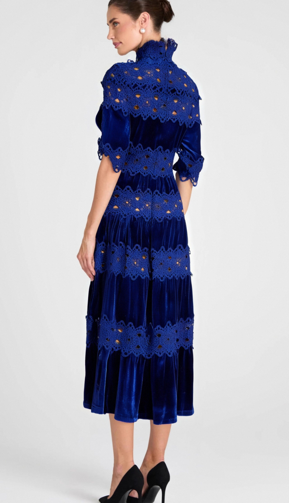Flowering Girl Women Hollow Patchwork Velvet Dress In Blue