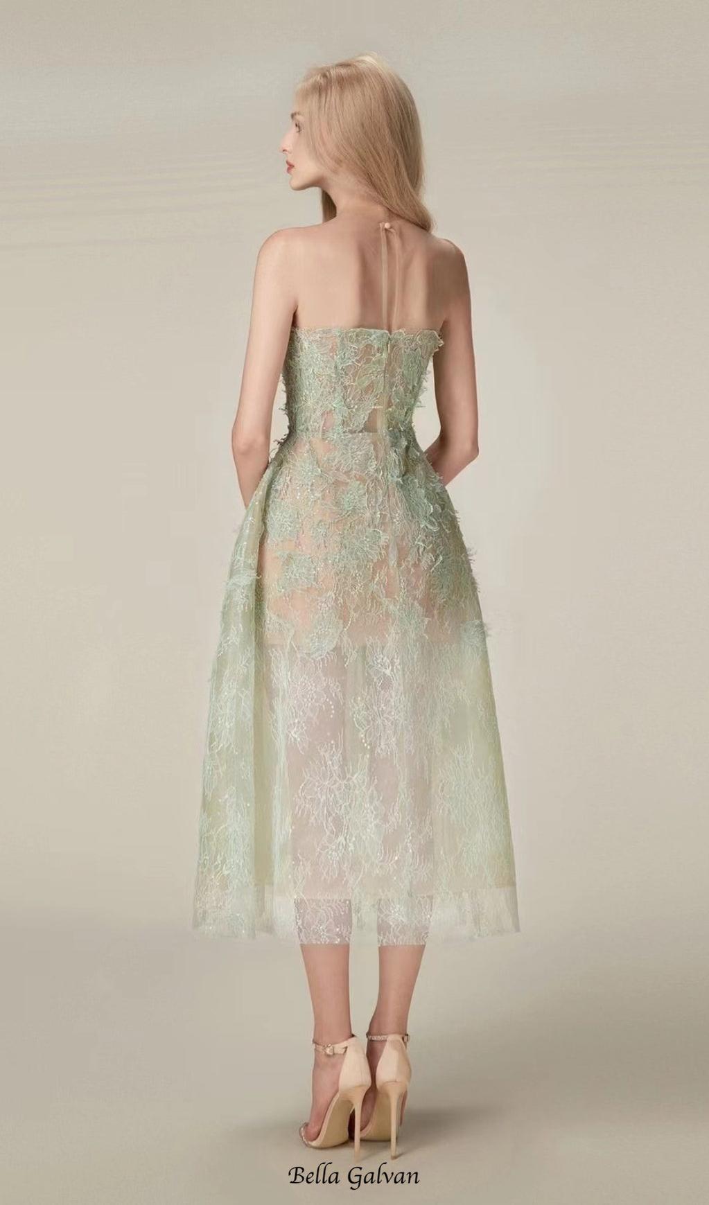 Flowering Girl Women GREEN FLORAL LACE EMBROIDER MIDI DRESS