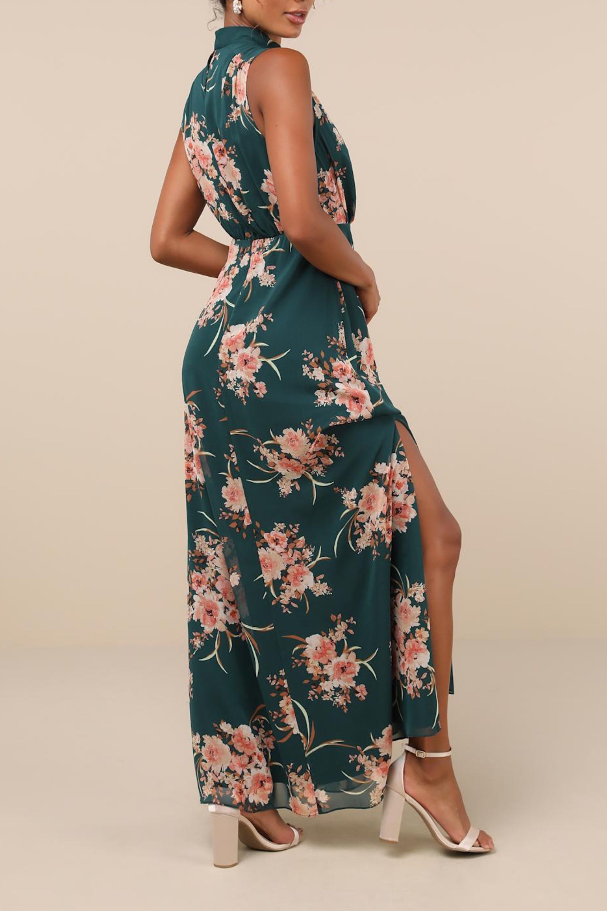 Flowering Girl Women Emerald Floral Mock Neck Maxi Dress