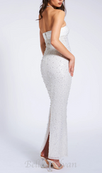 Flowering Girl Women WHITE SATIN SEQUIN PEARLS BEADED MAXI DRESS