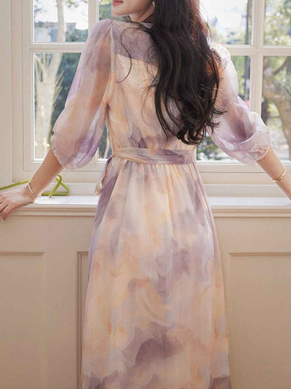 phoenix Classic V-Neck Floral Printed Tie Dress