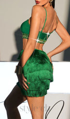 Flowering Girl Women GREEN RHINESTONE CUTOUT FRINGE DRESS