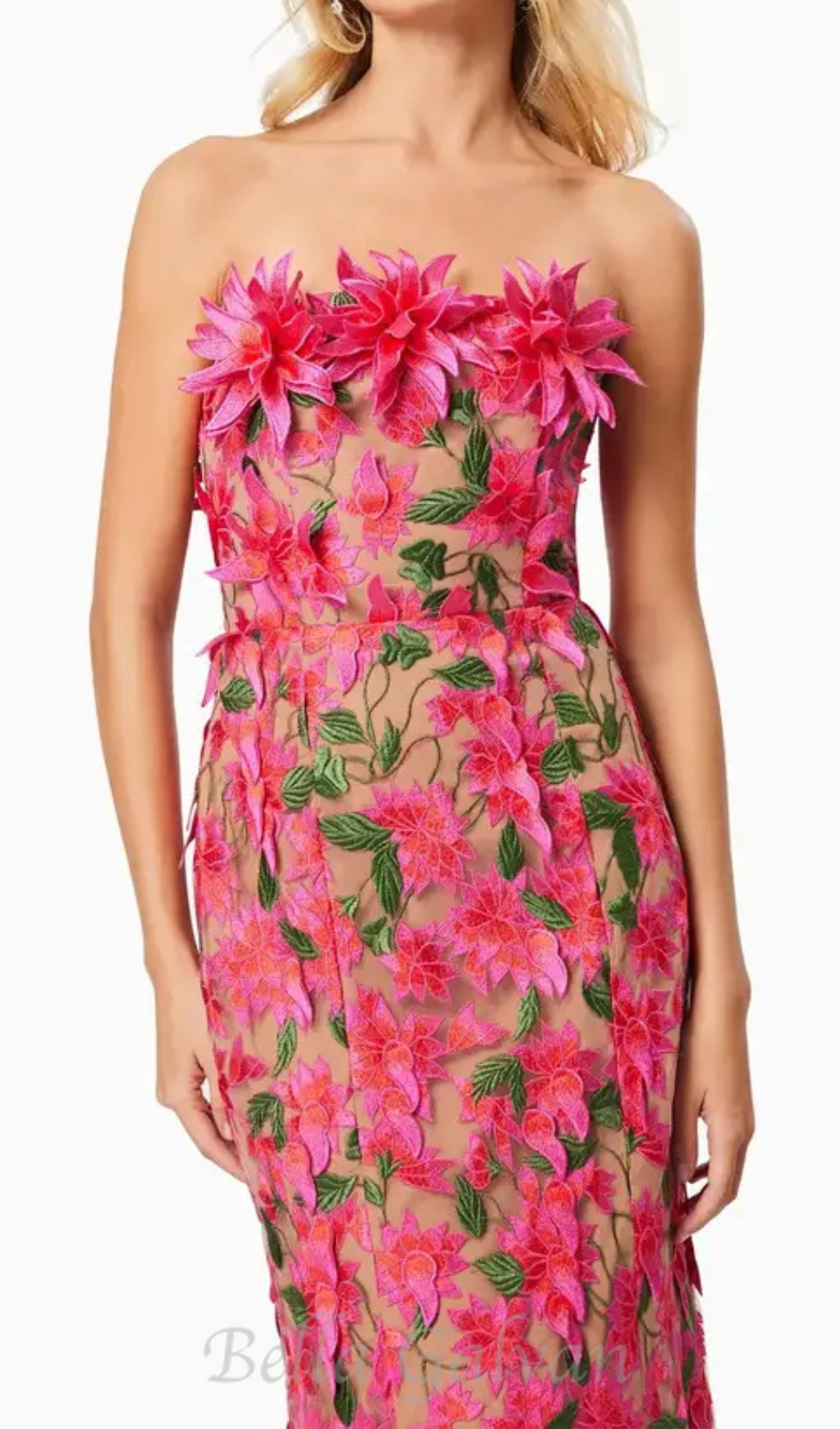 Flowering Girl Women 3D flower embroidery strapless midi dress in rose red