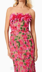 Flowering Girl Women 3D flower embroidery strapless midi dress in rose red