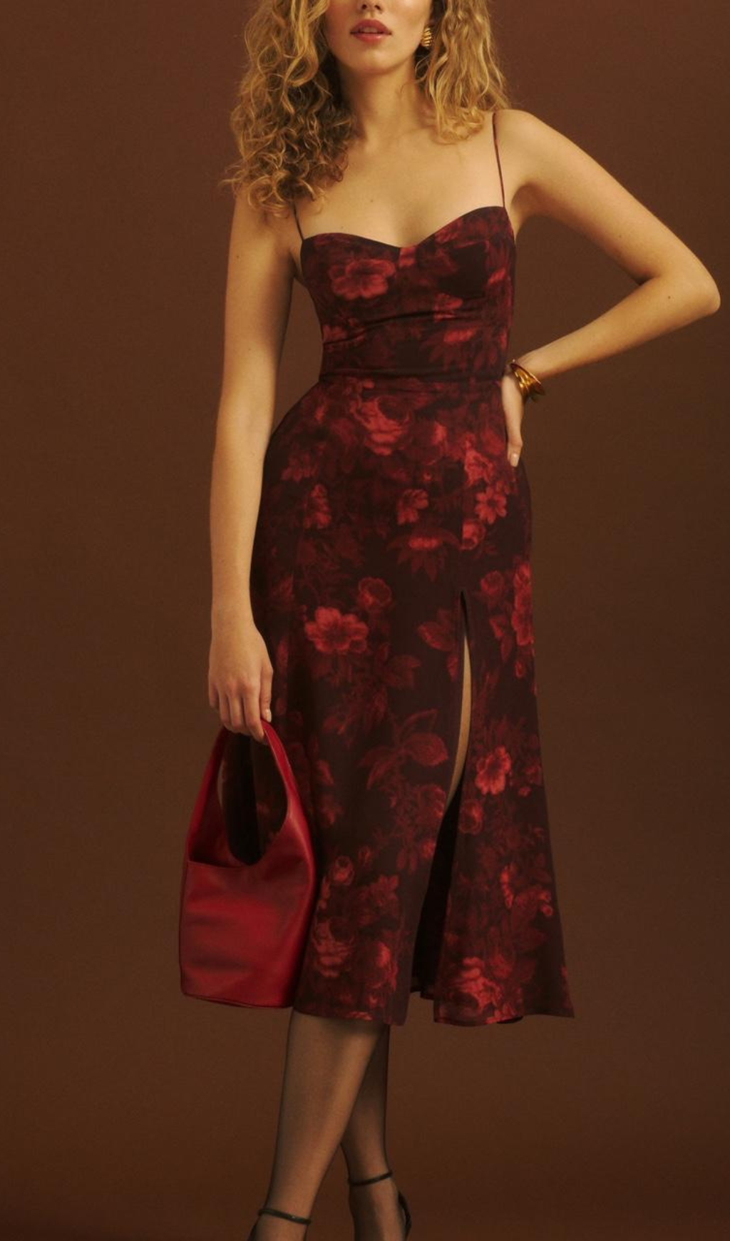 Flowering Girl Women Floral Print Slit Midi Dress In Burgundy