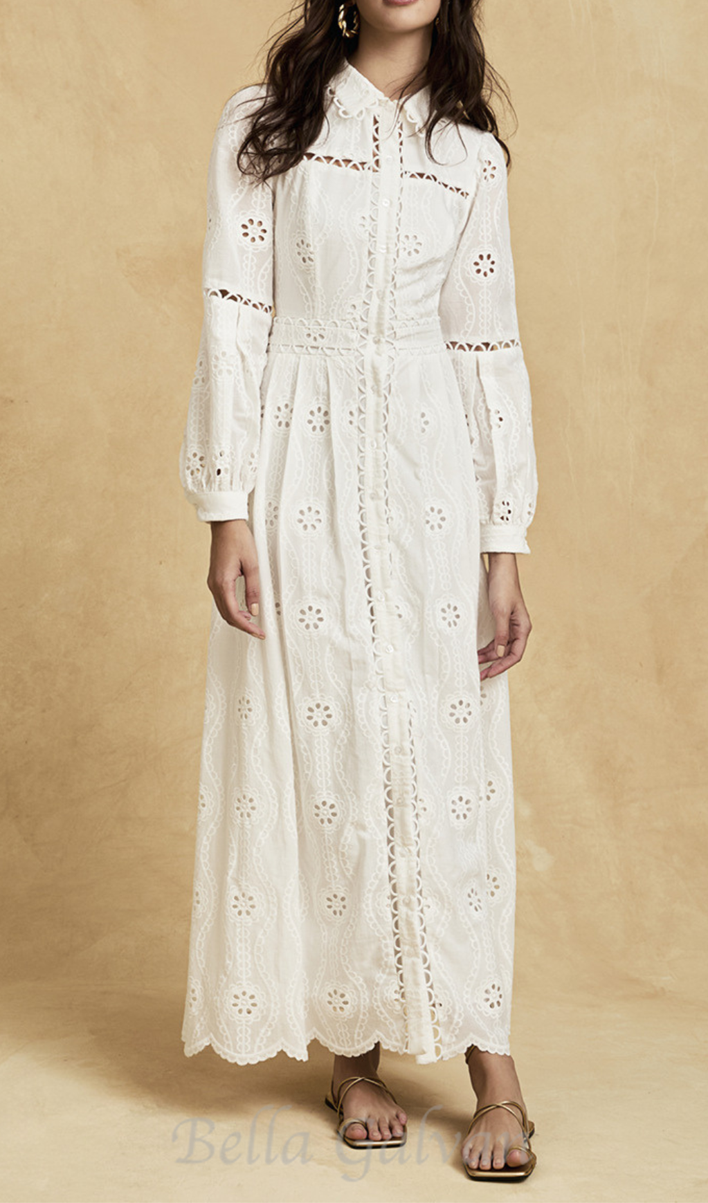 Flowering Girl Women retro single-breasted hollow lace midi dress in white