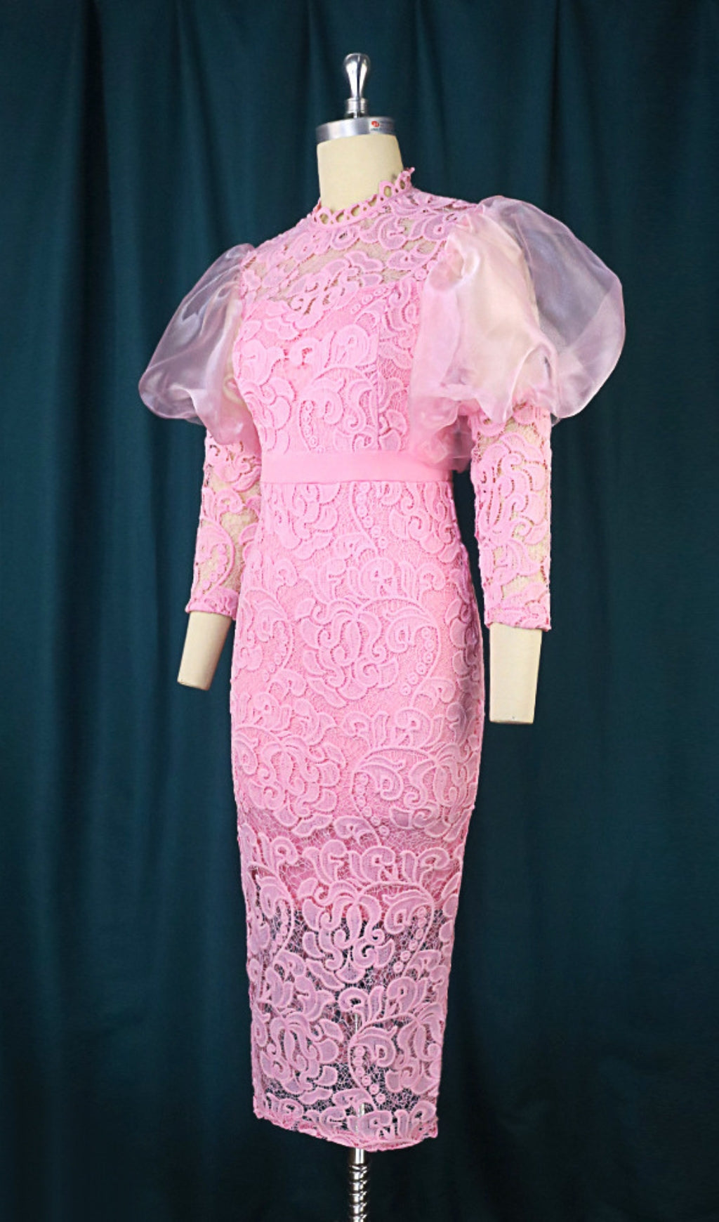 Flowering Girl Women Pink Puff Sleeve Lace Midi Dress