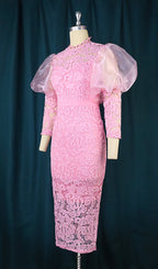 Flowering Girl Women Pink Puff Sleeve Lace Midi Dress