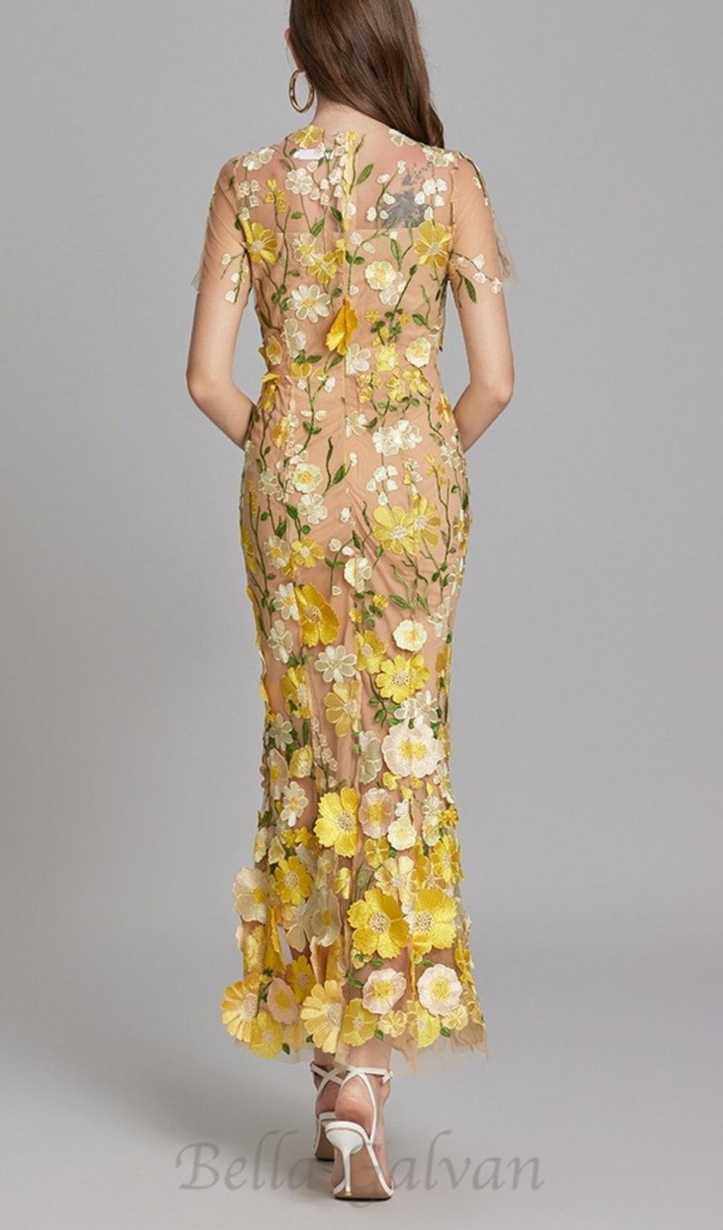 Flowering Girl Women FLORAL EMBROIDERY MESH FISHTAIL MIDI DRESS IN YELLOW