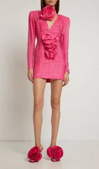 Flowering Girl Women V Neck Pink Ruched Mini Dress
