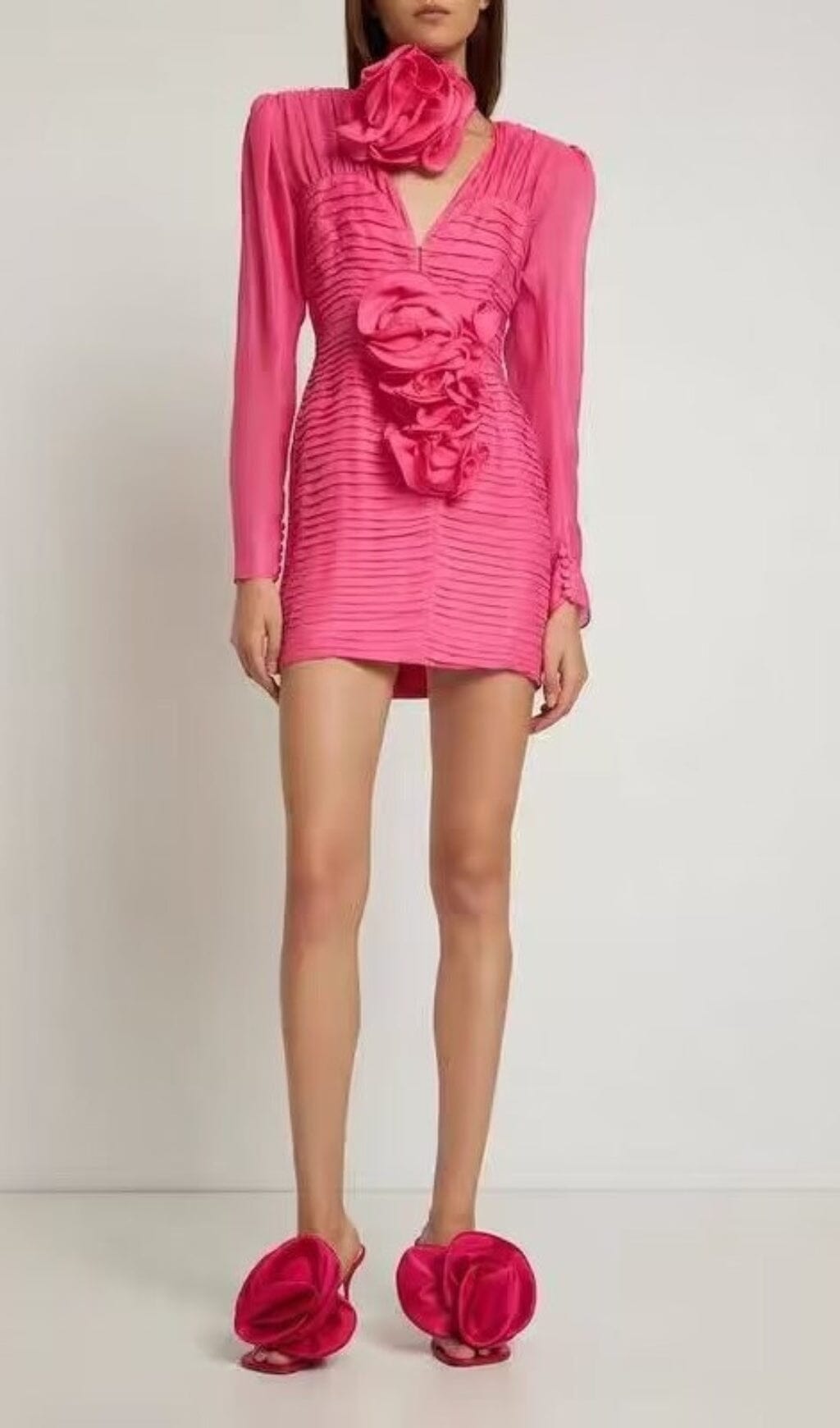 Flowering Girl Women V Neck Pink Ruched Mini Dress