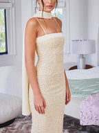 Raizel Gold Beaded Sequin Bodycon Gown With Scarf