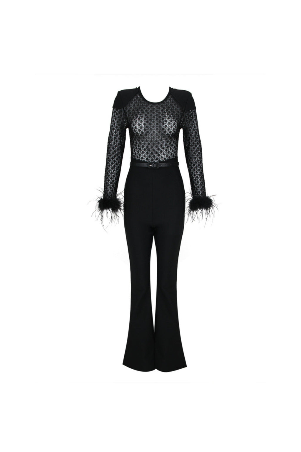 Flowering Girl Women Black Feather Sequin Jumpsuit