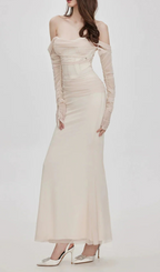 Ariel Apricot Mesh Off-Shoulder Mermaid Maxi Dress