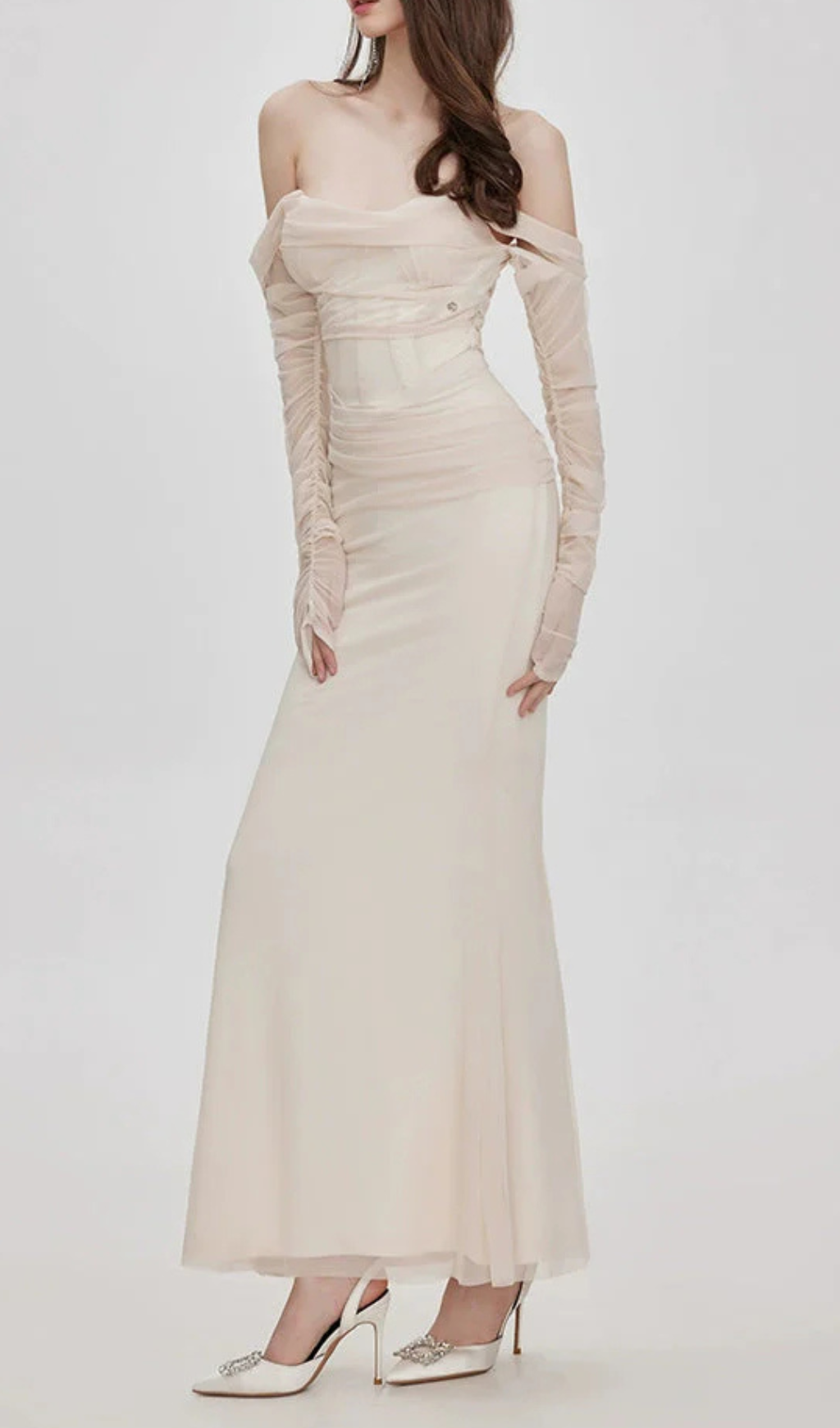 Ariel Apricot Mesh Off-Shoulder Mermaid Maxi Dress