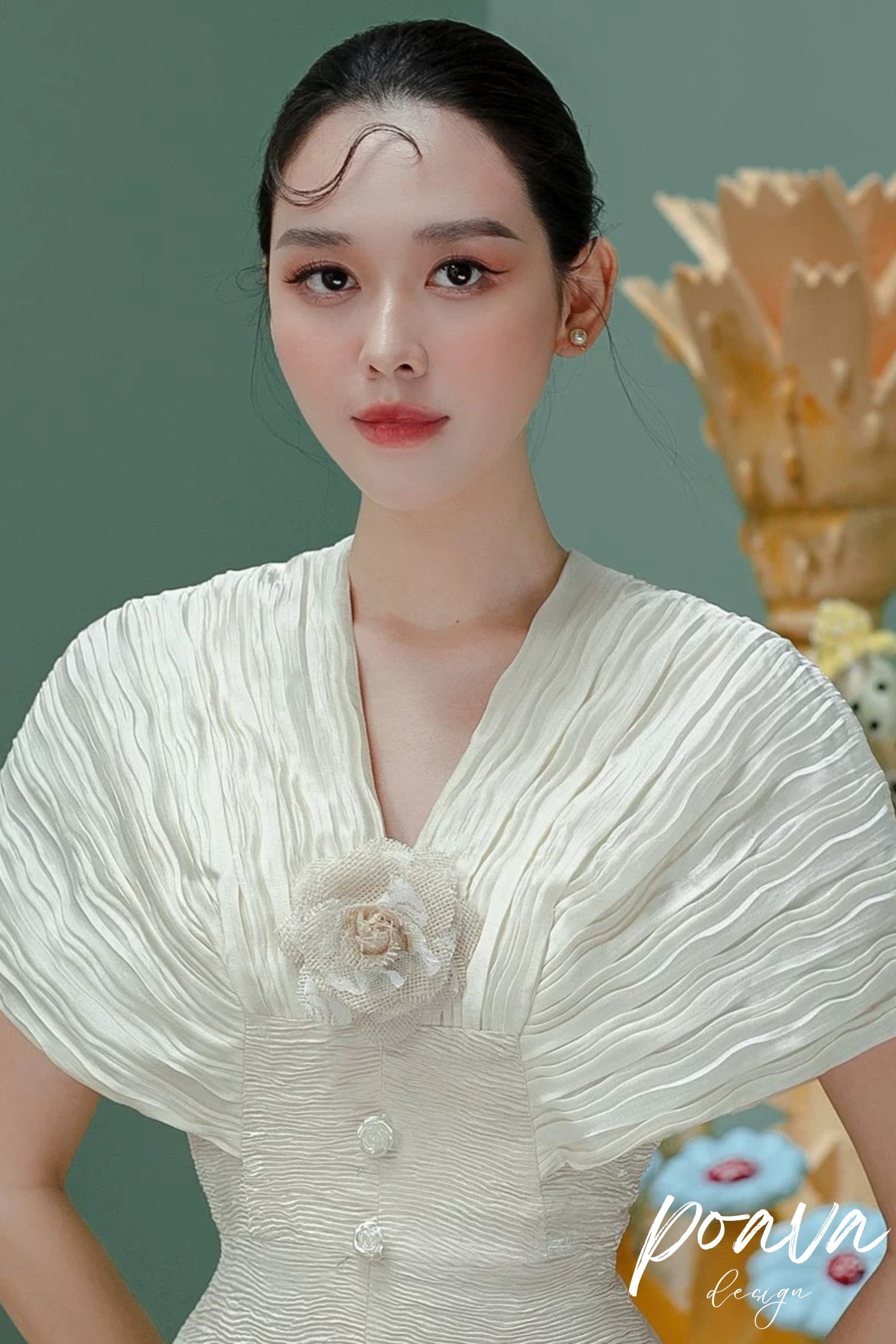 Flowering Girl Women Venus Champagne Stitched High-Waisted Fishtail Midi Dress