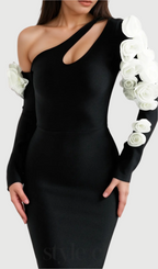 Flowering Girl Women One Shoulder flower embellished Cutout Bandage Maxi Dress in black